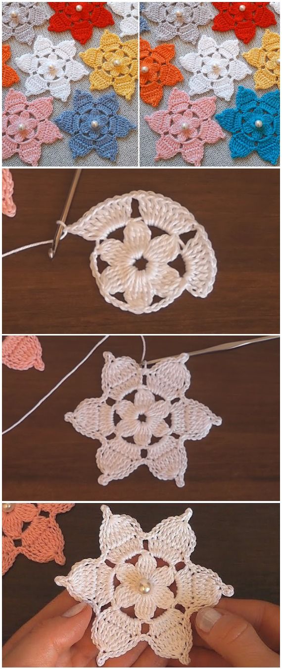 Crochet 6 Petal Flowers With Pearls